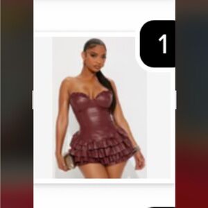 Sold Out Fashion Nova Burgundy faux leather Strapless Ruffle ROMPER